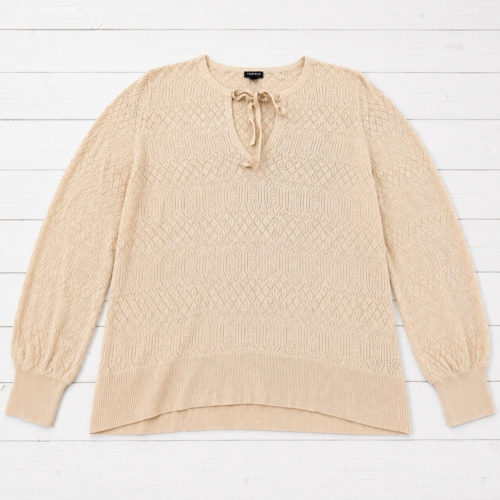 Torrid Sweater Pointelle Tie Neck Light Peach Boho Plus Size 0 (333)
